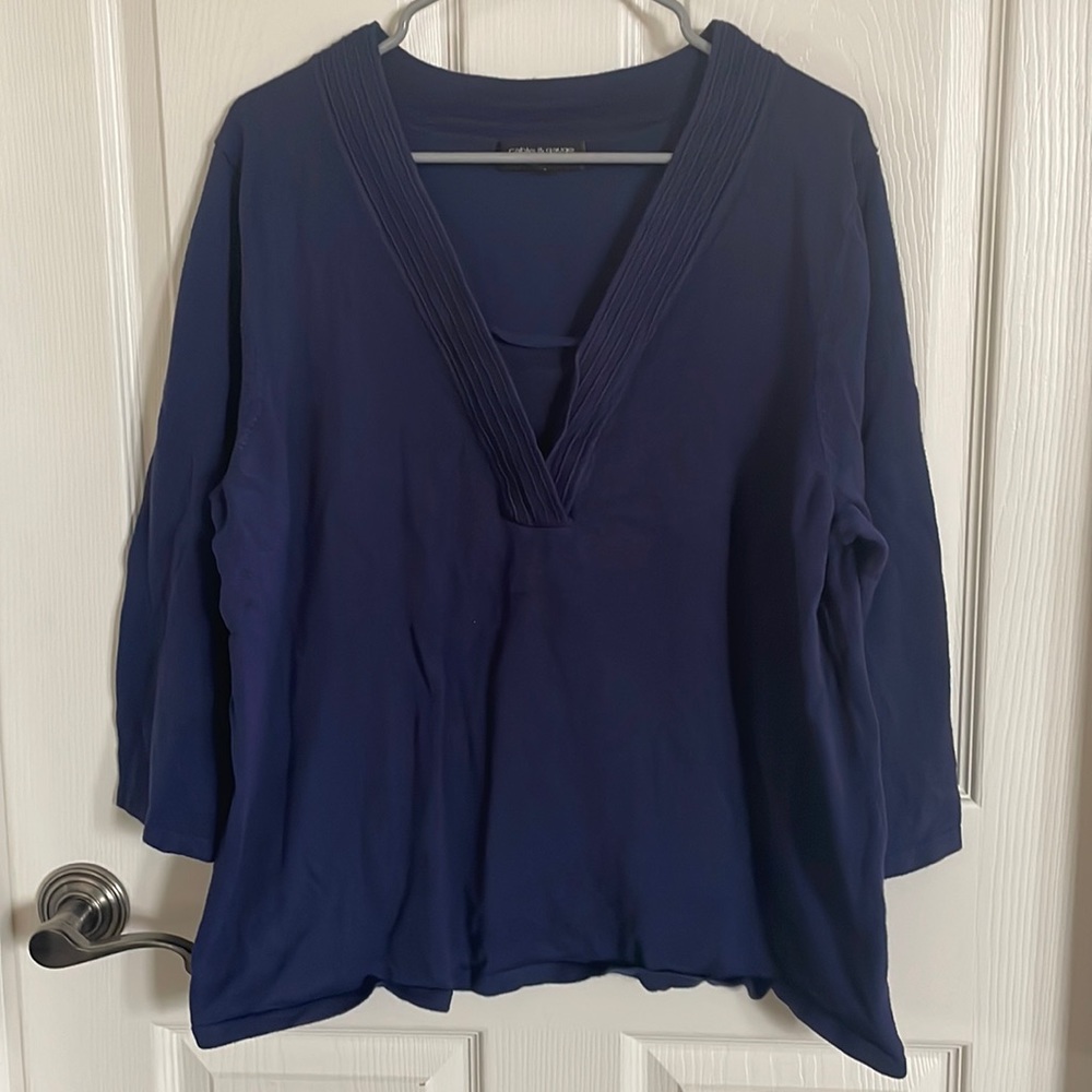 Cable & Gauge Navy Blue 3/4 Sleeve V Neck Blouse